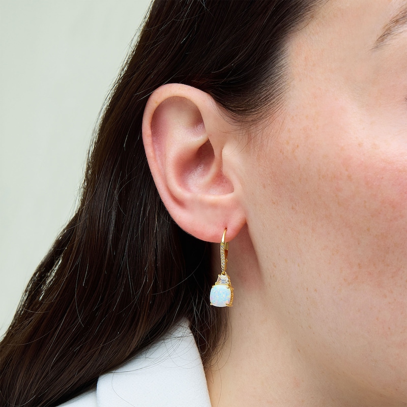 Main Image 2 of Cushion-Cut Lab-Created Opal and White Lab-Created Sapphire Dangle Drop Earrings in Sterling Silver with 18K Gold Plate