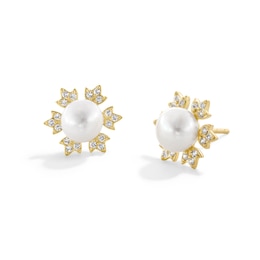 Freshwater Cultured Pearl and White Lab-Created Sapphire Snowflake Stud Earrings in Sterling Silver with 18K Gold Plate