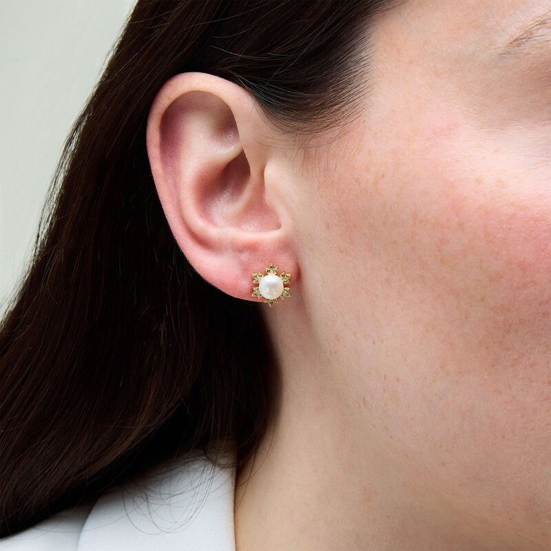 Main Image 2 of Freshwater Cultured Pearl and White Lab-Created Sapphire Snowflake Stud Earrings in Sterling Silver with 18K Gold Plate