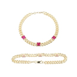 5.0mm Princess-Cut Lab-Created Ruby Station Cuban Curb Chain Bracelet in Sterling Silver with 18K Gold Plate - 7.25&quot;