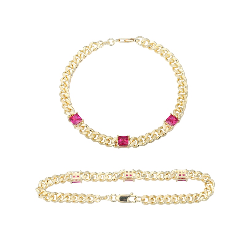 Main Image 1 of 5.0mm Princess-Cut Lab-Created Ruby Station Cuban Curb Chain Bracelet in Sterling Silver with 18K Gold Plate - 7.25&quot;