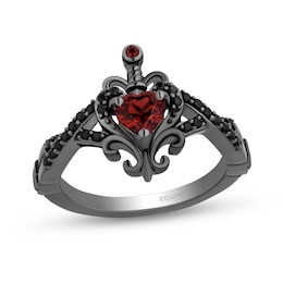 Enchanted Disney Villains Evil Queen Garnet and Black Diamond Heart with Dagger Ring in Black Rhodium Sterling Silver