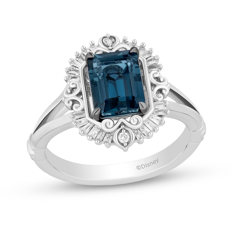 Main Image 1 of Enchanted Disney Cinderella London Blue Topaz and Diamond Sunburst Carriage Frame Split Shank Ring in Sterling Silver