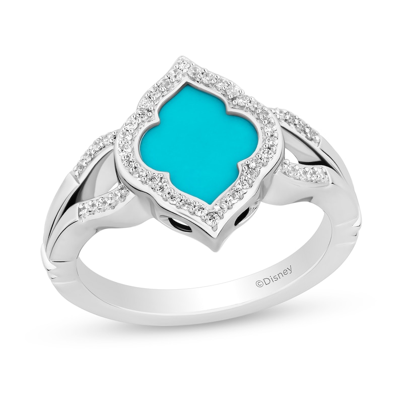 Main Image 1 of Enchanted Disney Jasmine Turquoise and 1/6 CT. T.W. Diamond Quatrefoil Frame Split Shank Ring in Sterling Silver