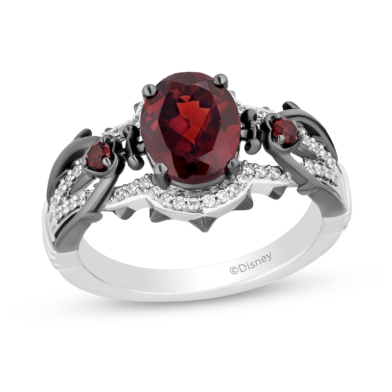 Main Image 1 of Enchanted Disney Villains Evil Queen Oval Garnet and 1/6 CT. T.W. Diamond Heart with Dagger Ring in Sterling Silver