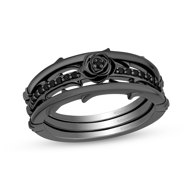 Enchanted Disney Villains Maleficent Black Diamond Rose and Thorn Three Piece Ring Set in Black Rhodium Sterling Silver