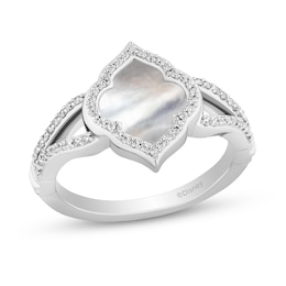 Enchanted Disney Jasmine Mother-of-Pearl and 1/5 CT. T.W. Diamond Quatrefoil Frame Split Shank Ring in Sterling Silver