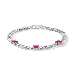 5.0mm Princess-Cut Lab-Created Ruby Station Cuban Curb Chain Bracelet in Sterling Silver - 7.25&quot;