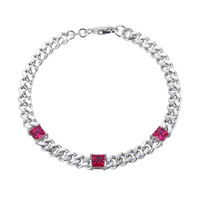 Main Image 1 of 5.0mm Princess-Cut Lab-Created Ruby Station Cuban Curb Chain Bracelet in Sterling Silver - 7.25&quot;