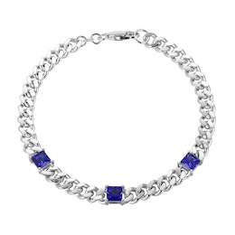 5.0mm Princess-Cut Blue Lab-Created Sapphire Station Cuban Curb Chain Bracelet in Sterling Silver - 7.25&quot;