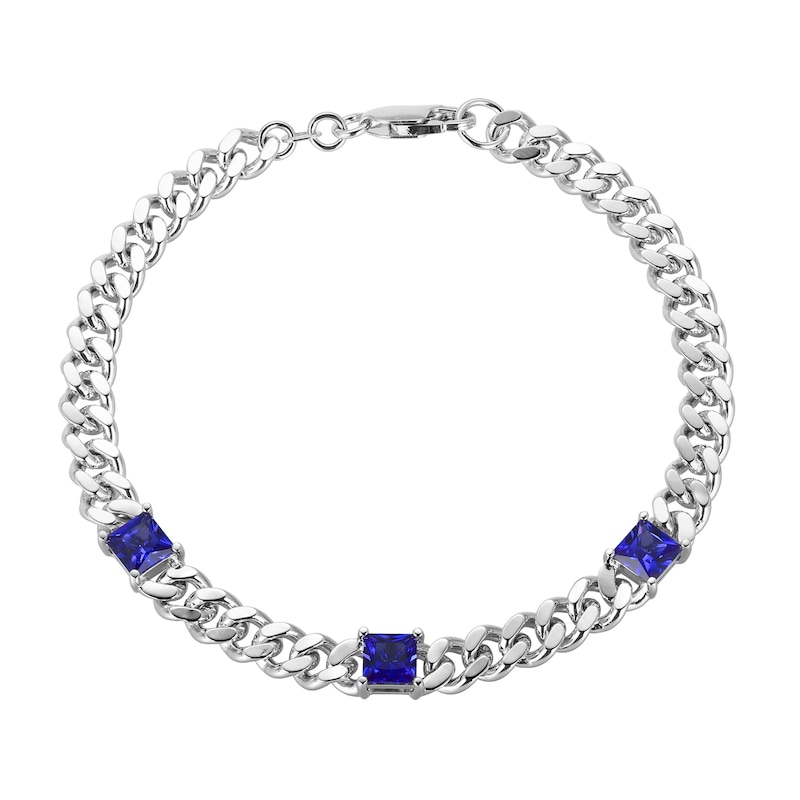 Main Image 1 of 5.0mm Princess-Cut Blue Lab-Created Sapphire Station Cuban Curb Chain Bracelet in Sterling Silver - 7.25&quot;