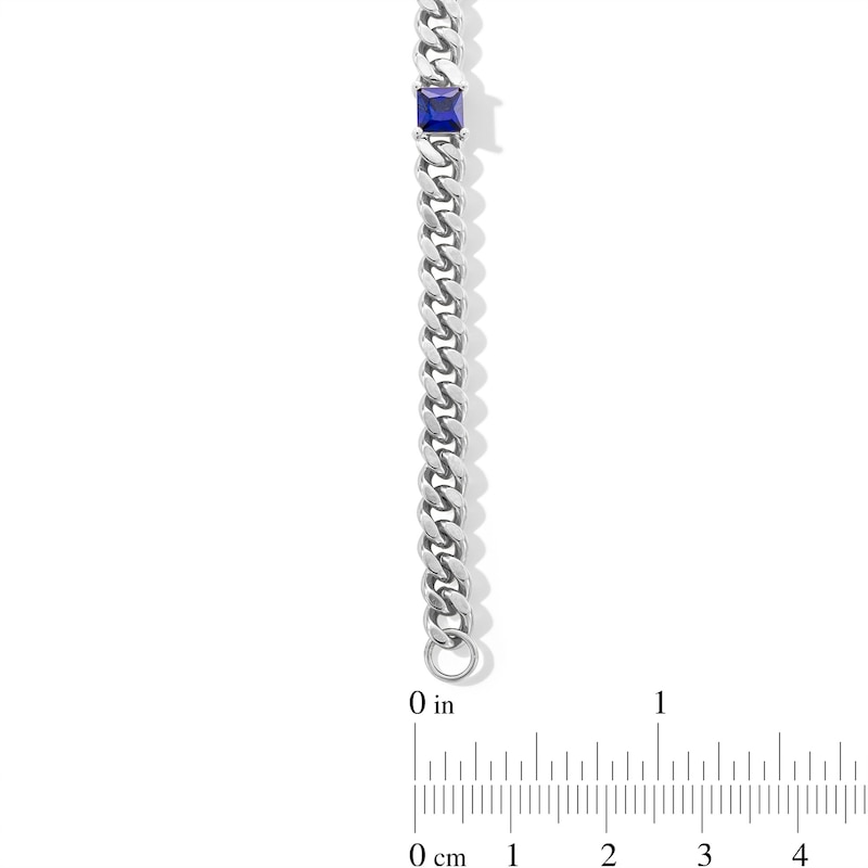 Main Image 3 of 5.0mm Princess-Cut Blue Lab-Created Sapphire Station Cuban Curb Chain Bracelet in Sterling Silver - 7.25&quot;