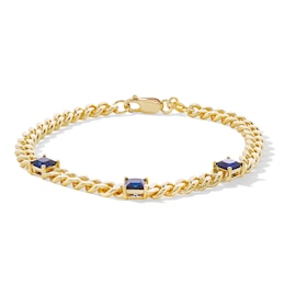 Princess-Cut Blue Lab-Created Sapphire Station Cuban Curb Chain Bracelet in Sterling Silver with 18K Gold Plate - 7.25&quot;