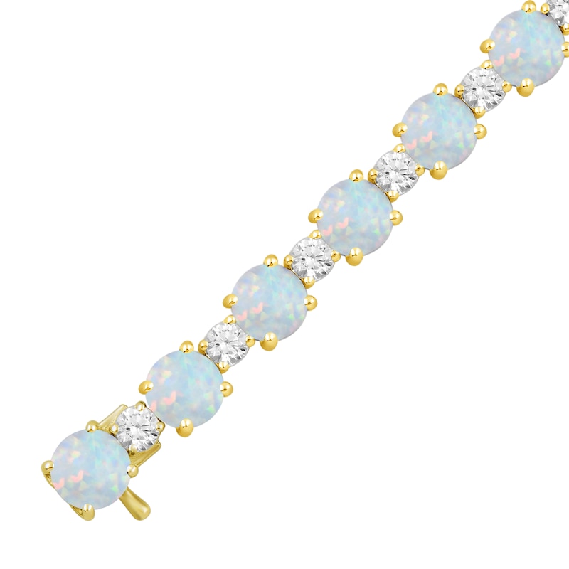 Main Image 2 of Lab-Created Opal and White Lab-Created Sapphire Alternating Bracelet in Sterling Silver with 24K Gold Plate - 7.5&quot;