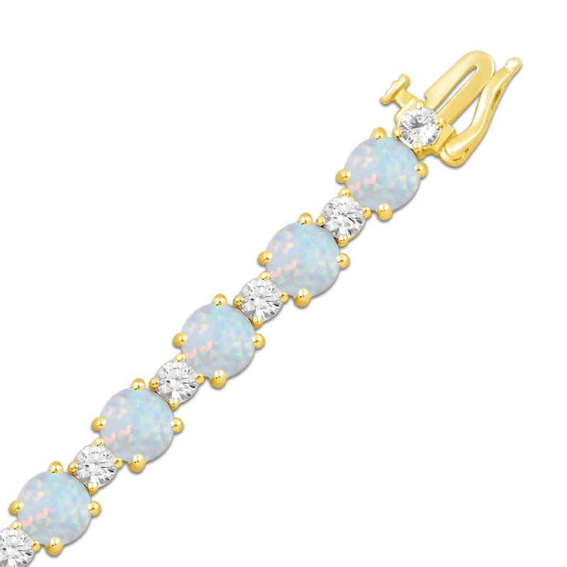 Main Image 3 of Lab-Created Opal and White Lab-Created Sapphire Alternating Bracelet in Sterling Silver with 24K Gold Plate - 7.5&quot;