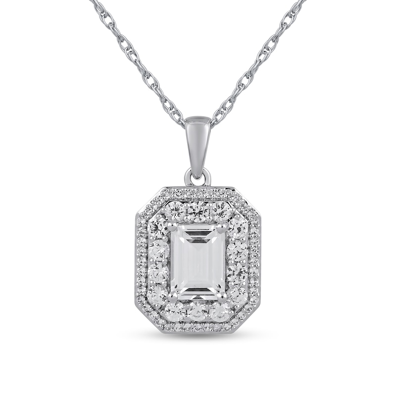 Emerald-Cut White Lab-Created Sapphire Double Octagon Frame Pendant in Sterling Silver