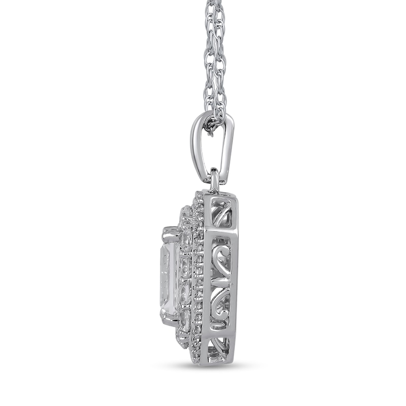 Emerald-Cut White Lab-Created Sapphire Double Octagon Frame Pendant in Sterling Silver