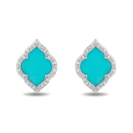 Enchanted Disney Jasmine Turquoise and 1/6 CT. T.W. Diamond Quatrefoil Frame Stud Earrings in Sterling Silver