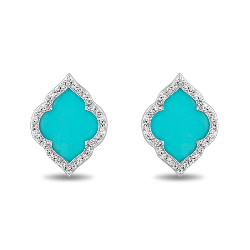 Main Image 1 of Enchanted Disney Jasmine Turquoise and 1/6 CT. T.W. Diamond Quatrefoil Frame Stud Earrings in Sterling Silver