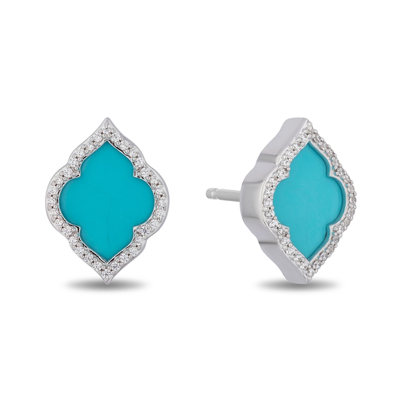 Main Image 2 of Enchanted Disney Jasmine Turquoise and 1/6 CT. T.W. Diamond Quatrefoil Frame Stud Earrings in Sterling Silver