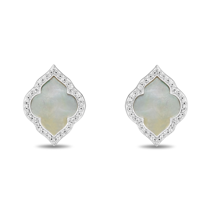 Main Image 1 of Enchanted Disney Jasmine Mother-of-Pearl and 1/6 CT. T.W. Diamond Quatrefoil Frame Stud Earrings in Sterling Silver