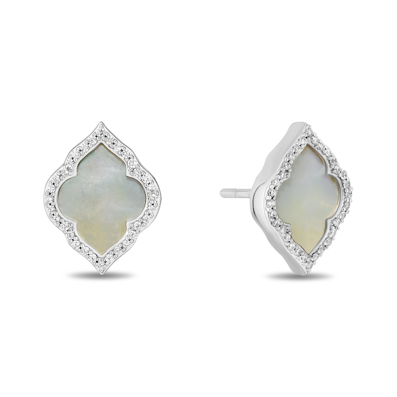 Main Image 2 of Enchanted Disney Jasmine Mother-of-Pearl and 1/6 CT. T.W. Diamond Quatrefoil Frame Stud Earrings in Sterling Silver