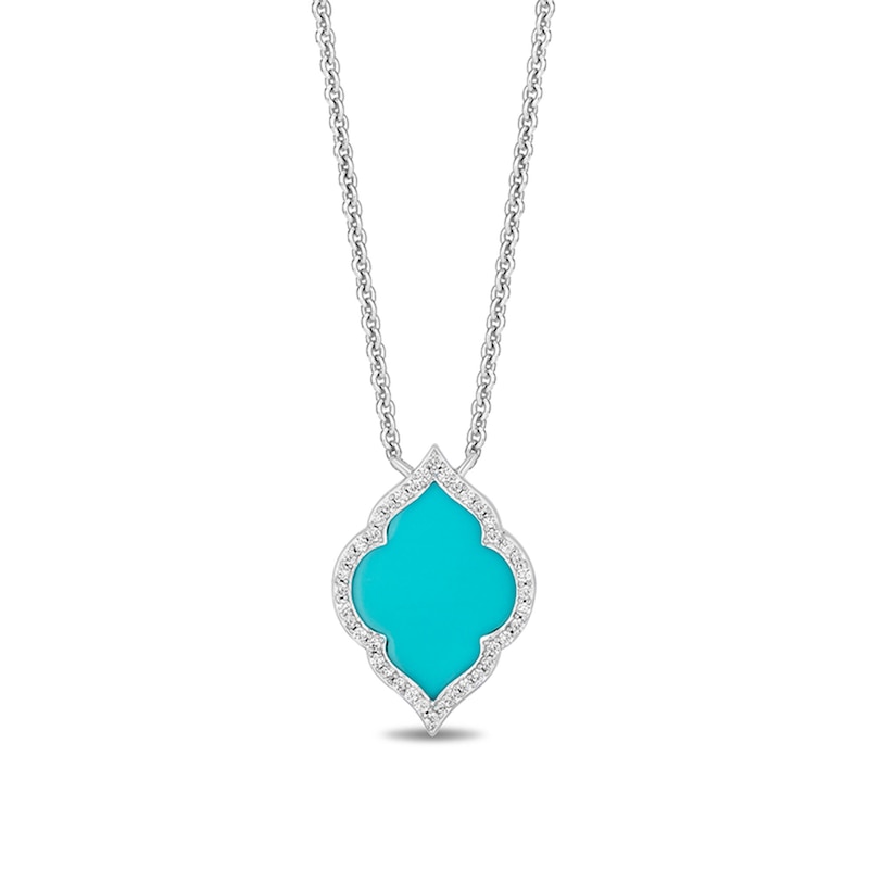 Main Image 1 of Enchanted Disney Jasmine Turquoise and 1/8 CT. T.W. Diamond Quatrefoil Frame Necklace in Sterling Silver