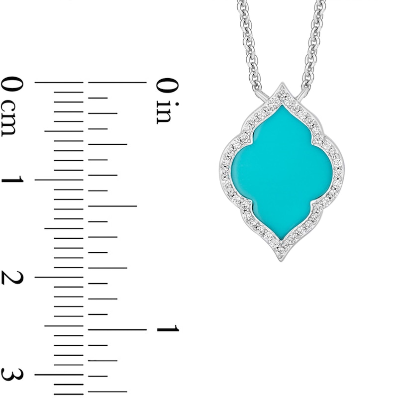 Main Image 3 of Enchanted Disney Jasmine Turquoise and 1/8 CT. T.W. Diamond Quatrefoil Frame Necklace in Sterling Silver