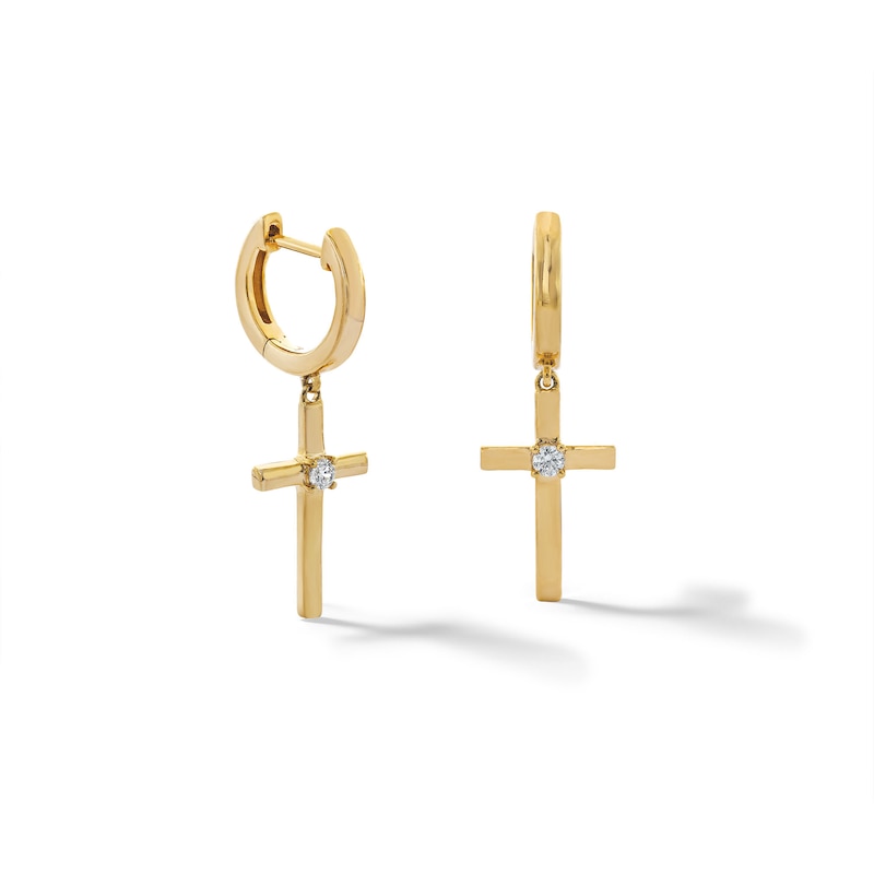 Main Image 1 of 1/10 CT. T.W. Diamond Solitaire Cross Dangle Hoop Earrings in 10K Gold