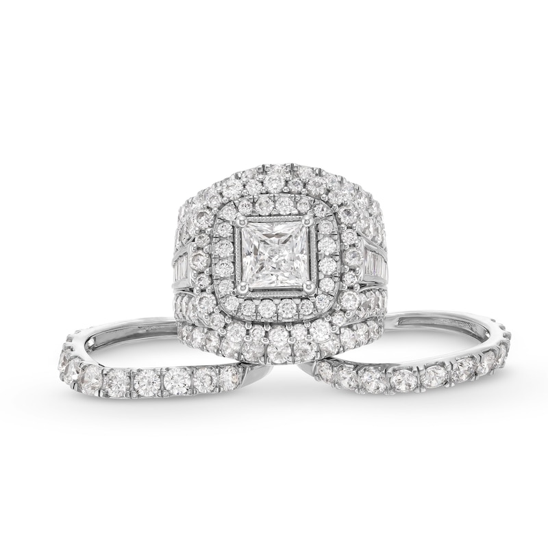 Main Image 3 of 7 CT. T.W. Princess-Cut Certified Lab-Created Diamond Double Cushion Frame Multi-Row Bridal Set in 14K White Gold