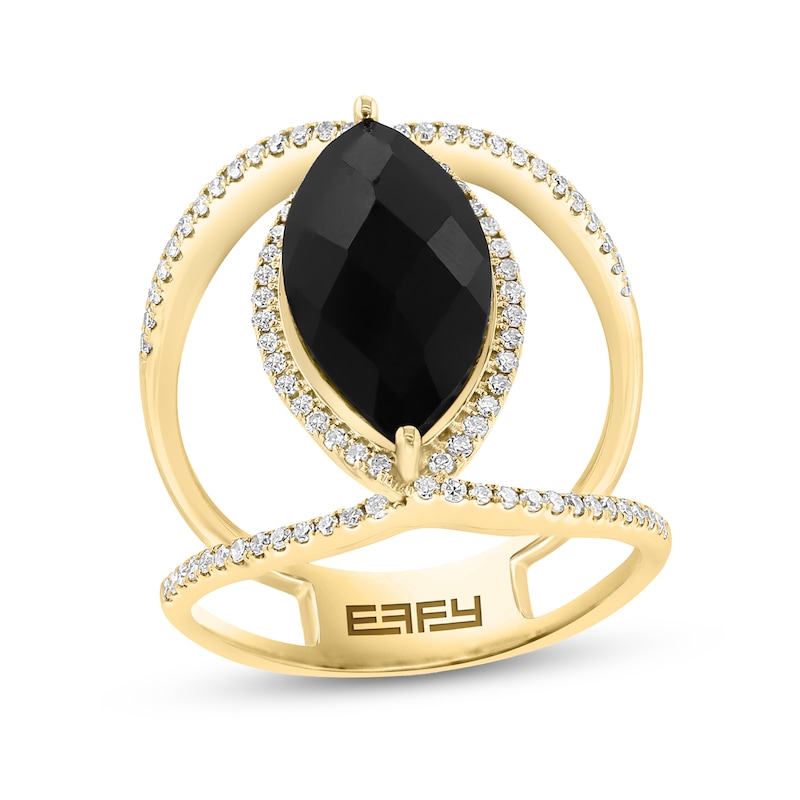 Main Image 1 of EFFY™ Collection Marquise-Cut Onyx and 1/3 CT. T.W. Diamond Frame Open Shank Orbit Ring in 14K Gold