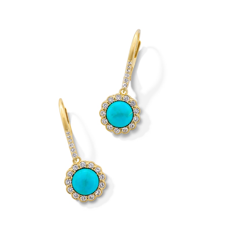 Main Image 1 of 7.0mm Turquoise and White Lab-Created Sapphire Flower Frame Drop Earrings in Sterling Silver with 18K Gold Plate