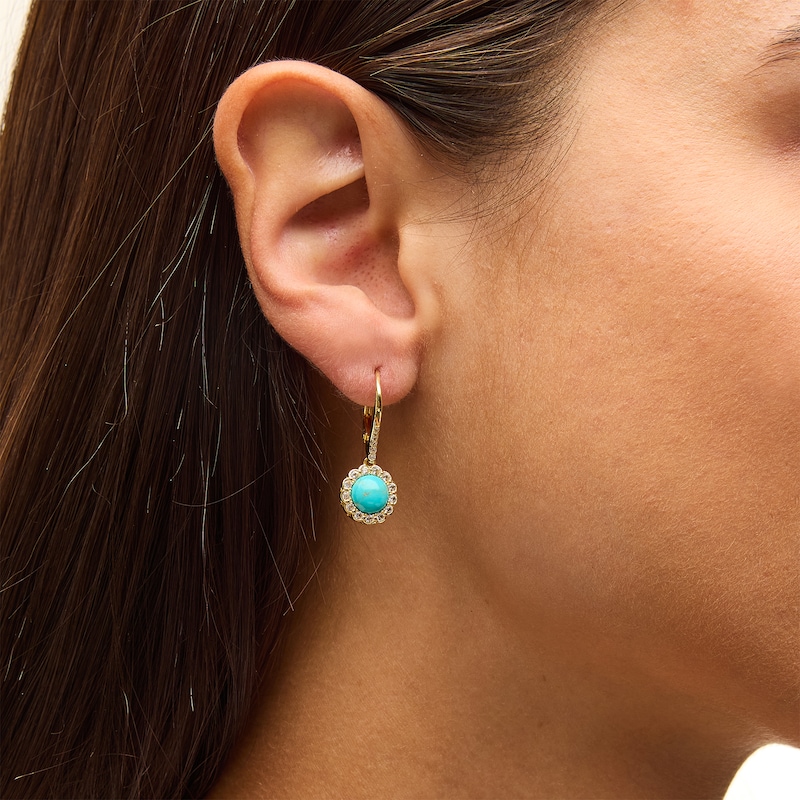 Main Image 2 of 7.0mm Turquoise and White Lab-Created Sapphire Flower Frame Drop Earrings in Sterling Silver with 18K Gold Plate