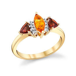 Marquise-Cut Citrine and Trillion-Cut Garnet with 1/20 CT. T.W. Diamond Collar Ring in 10K Gold