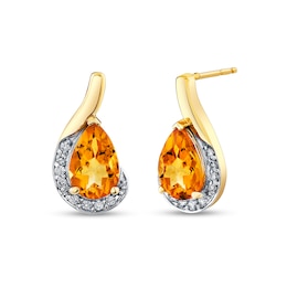 Pear-Shaped Citrine and 1/8 CT. T.W. Diamond Curved Drop Earrings in 10K Gold