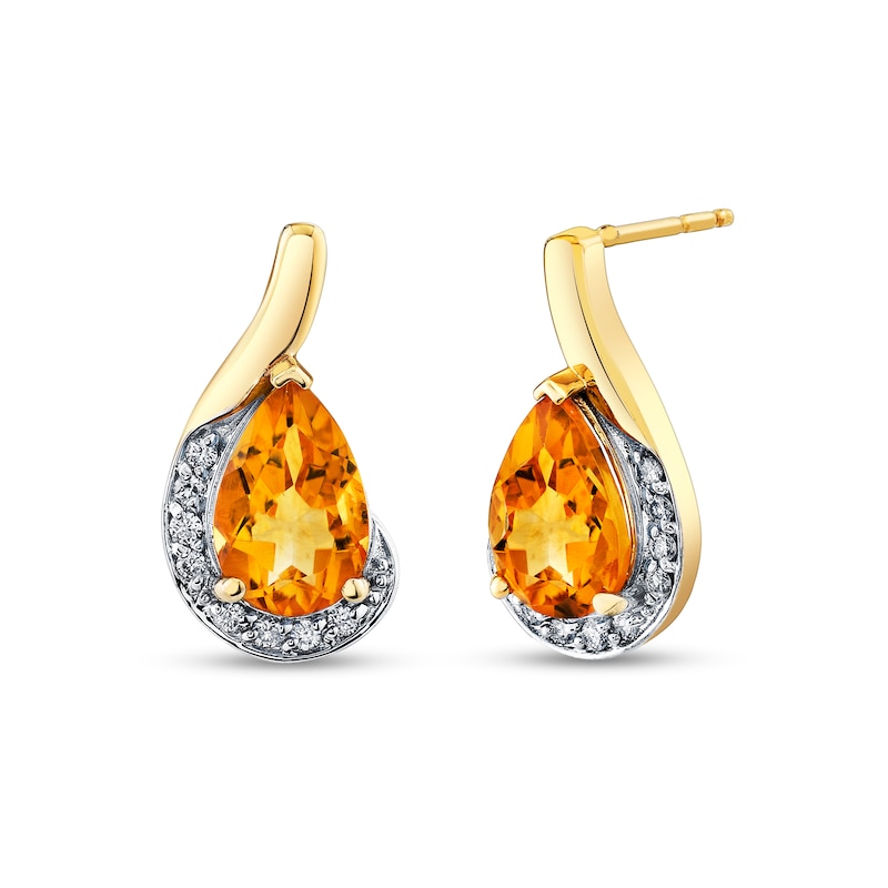 Main Image 1 of Pear-Shaped Citrine and 1/8 CT. T.W. Diamond Curved Drop Earrings in 10K Gold