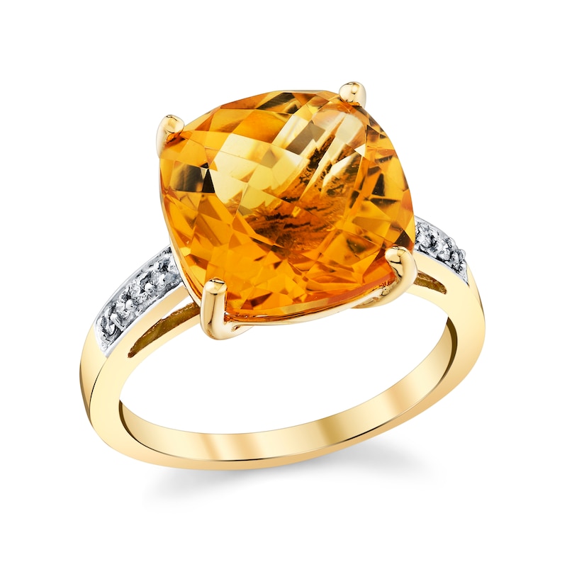 Main Image 1 of 12.0mm Cushion-Cut Citrine and 1/15 CT. T.W. Diamond Ring in 14K Gold