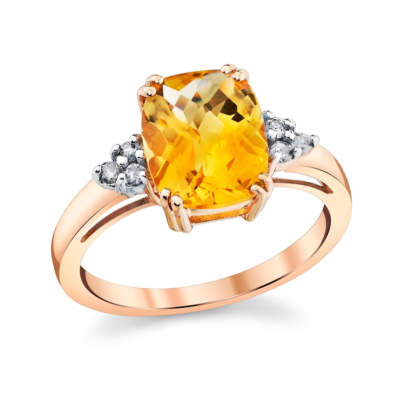 Main Image 1 of Elongated Cushion-Shaped Citrine and 1/10 CT. T.W. Diamond Tri-Sides Ring in 14K Rose Gold