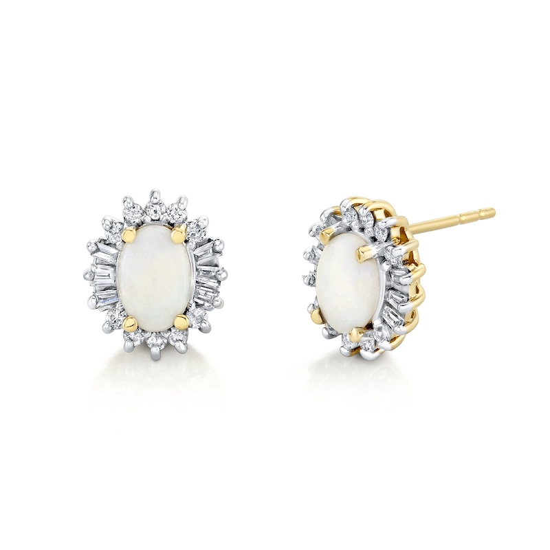 Main Image 1 of Oval Opal and 1/4 CT. T.W. Diamond Alternating Sunburst Frame Stud Earrings in 10K Gold