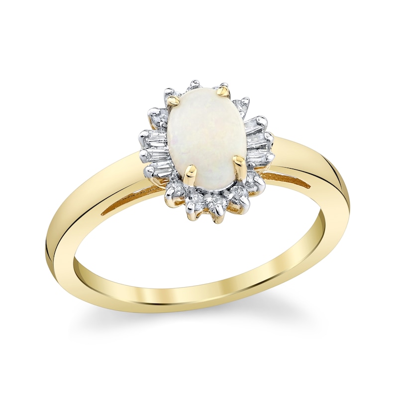 Main Image 1 of Oval Opal and 1/5 CT. T.W. Diamond Alternating Sunburst Frame Ring in 10K Gold