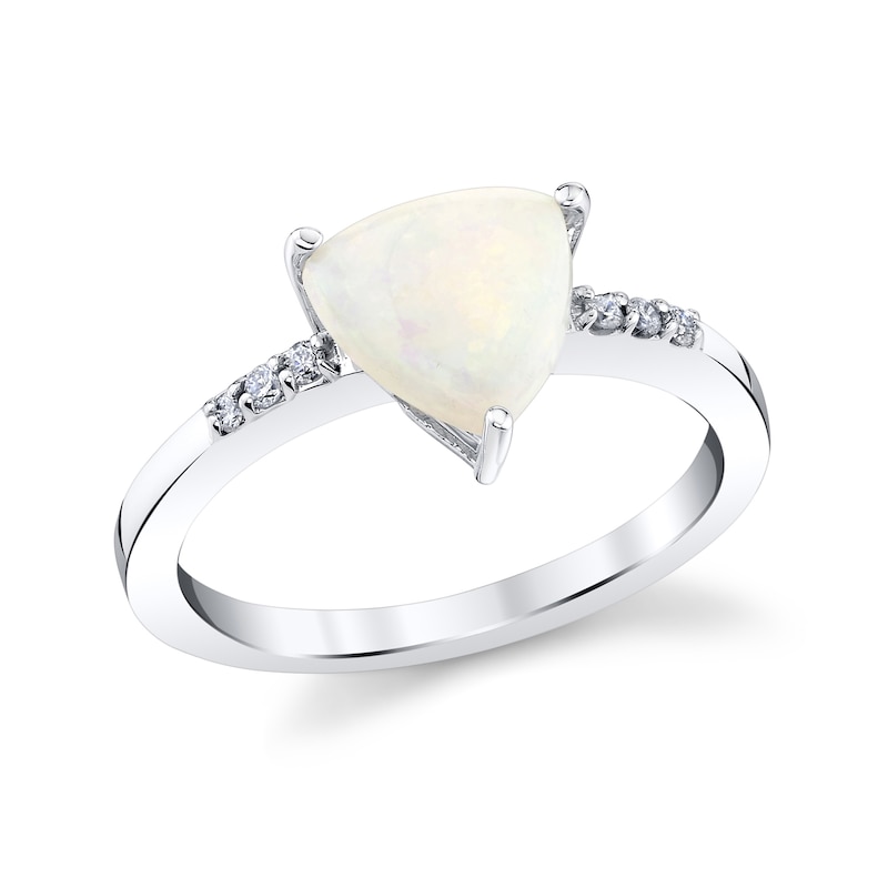 Main Image 1 of 8.0mm Trillion-Cut Opal and 1/20 CT. T.W. Diamond Ring in 10K White Gold