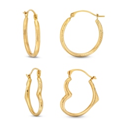 Tilted Heart and Round Hoop Earrings Set in Hollow 10K Gold