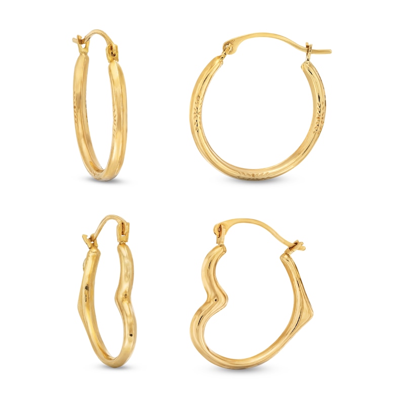 Main Image 1 of Tilted Heart and Round Hoop Earrings Set in Hollow 10K Gold