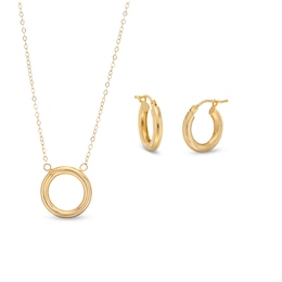 Polished Circle Necklace and Tube Hoop Earrings Set in 14K Gold