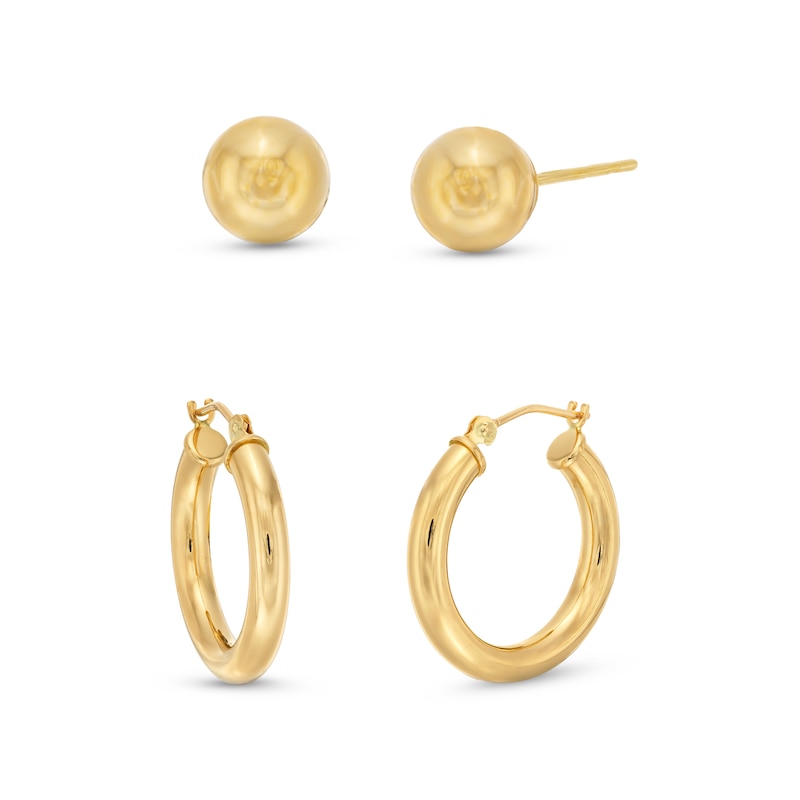 Main Image 1 of 7.0mm Ball Stud Earrings and 20.0mm Tube Hoop Earrings Set in Hollow 14K Gold