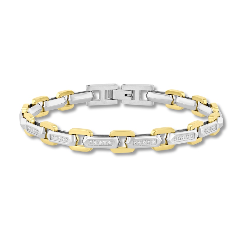 Main Image 1 of 1/3 CT. T.W. Diamond Link Bracelet in Solid Stainless Steel and Yellow Ion Plate - 8.5&quot;