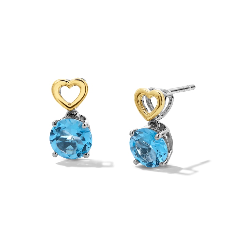 Main Image 1 of 6.0mm Swiss Blue Topaz Solitaire Heart Drop Earrings in Sterling Silver and 10K Gold