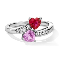 Heart-Shaped Lab-Created Ruby with Pink and White Lab-Created Sapphire Toi et Moi Bypass Shank Ring in Sterling Silver