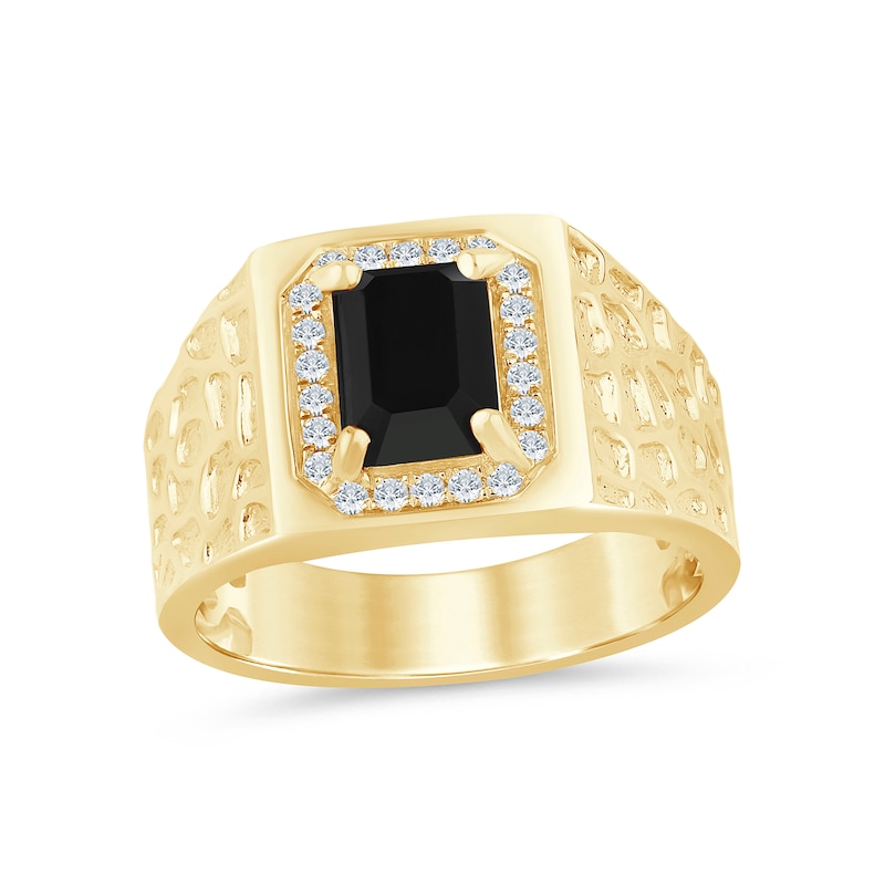 Main Image 1 of Men’s Emerald-Cut Onyx and 1/5 CT. T.W. Diamond Frame Nugget Ring in 10K White Gold - Size 10