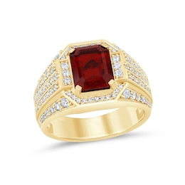 Men’s Emerald-Cut Lab-Created Ruby and 1 CT. T.W Certified Lab-Created Diamond Multi-Row Shank Ring in 10K Gold